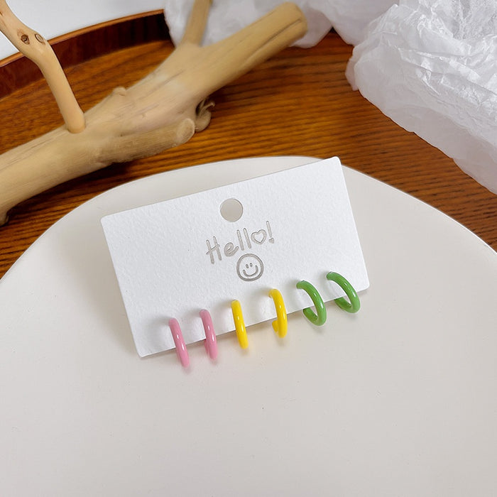 Sweet Candy Color C-Shaped Enamel Hoop Stud Set Summer Fresh Minimalist Alloy Huggie Earrings