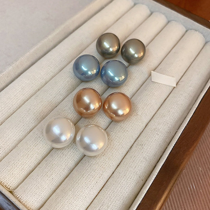 French Vintage Round Pearl Stud Earrings With Silver Pins Light Luxury Geometric Jewelry