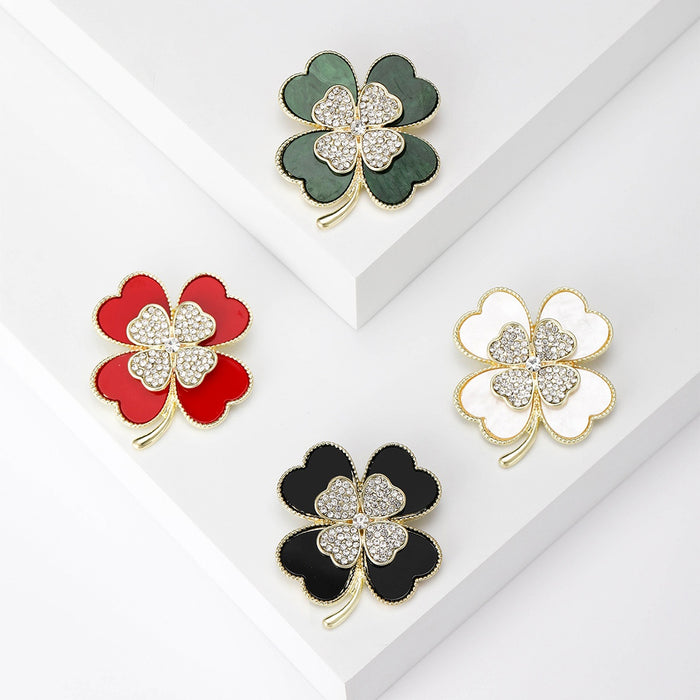 Alloy Rhinestone Clover Brooch With Acrylic Accent For Coat Decoration