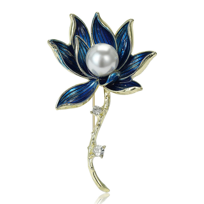 Alloy Enamel Pearl Lotus Brooch Pin For Elegant Clothing Decoration