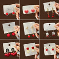 Sterling Silver Needle Red Tassel Earrings, Long Slimming Wedding Heart Pearl Stud Earring Set view 1