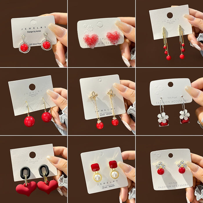 Sterling Silver Needle Red Tassel Earrings, Long Slimming Wedding Heart Pearl Stud Earring Set
