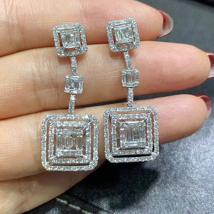 Geometric Trapezoid Square Micro Pave Zircon Long Drop Earrings, Luxury Fashion Ear Jewelry