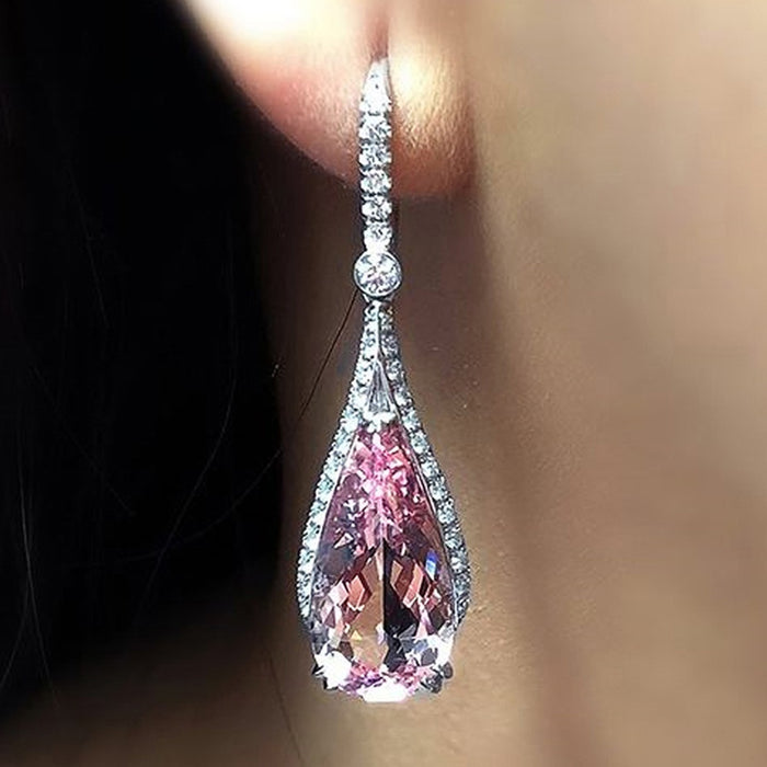 Elegant Pear Shape Pink Zircon Water Drop Long Earrings For Women Fine Fashion Jewelry