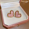Pink Heart Metal Stud Earrings With Silver Needle, Korean Fresh Sweet Summer Fashion Jewelry view 2