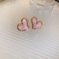 Pink Heart Metal Stud Earrings With Silver Needle, Korean Fresh Sweet Summer Fashion Jewelry view 4