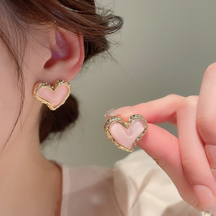Pink Heart Metal Stud Earrings With Silver Needle, Korean Fresh Sweet Summer Fashion Jewelry
