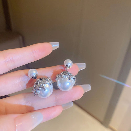 Korean Minimalist Double Sided Pearl Stud Earrings With Rhinestone Round Geometric Design