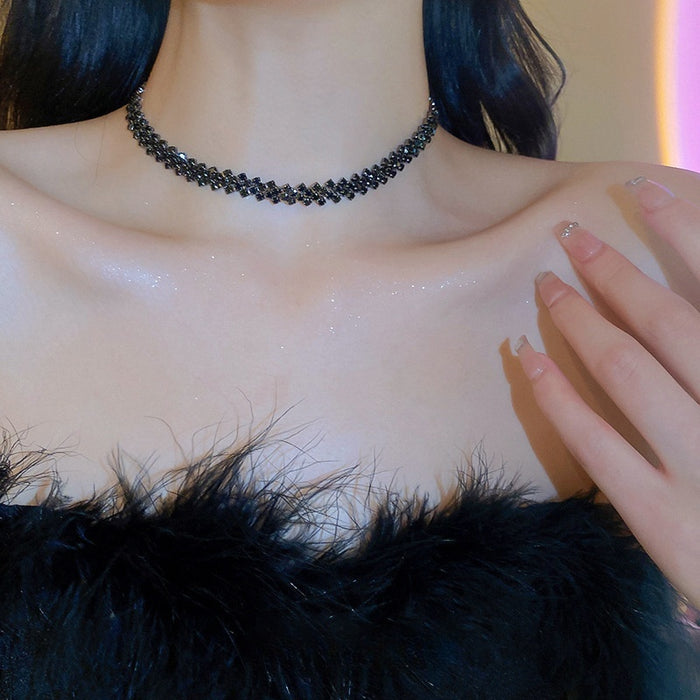 Full Rhinestone Spliced Metal Choker Necklace With Geometric Letter Pendant Trendy Fashion Collar