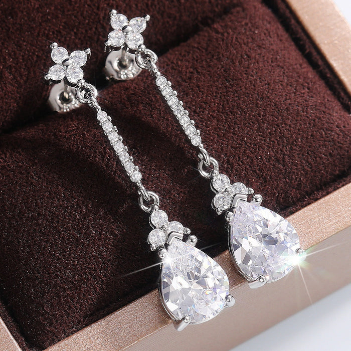 Sparkling 3A White Zircon Pear Shape Water Drop Earrings For Women, Elegant Fashion Dangle Jewelry