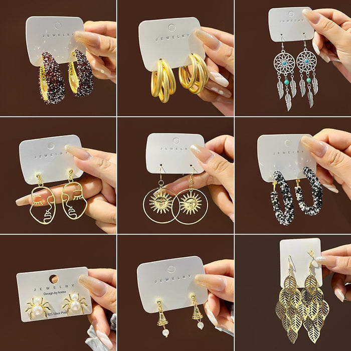 Silver Pin Statement Earrings Set With Leaf Face Spider Sun Hoop Stud And Drop Earrings For Women