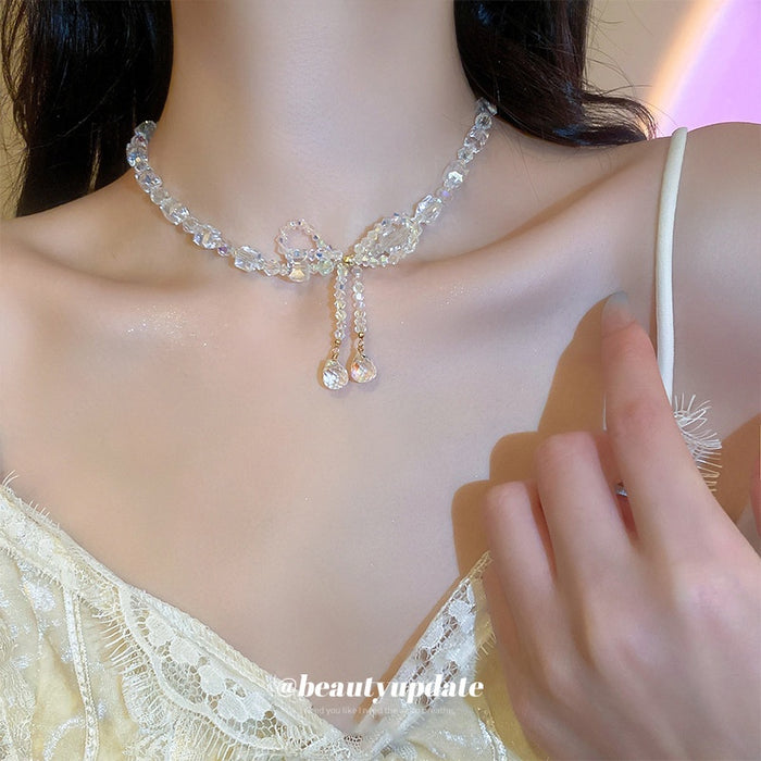 Light Luxury Artificial Crystal Bow Necklace For Women, Elegant Clavicle Chain Jewelry