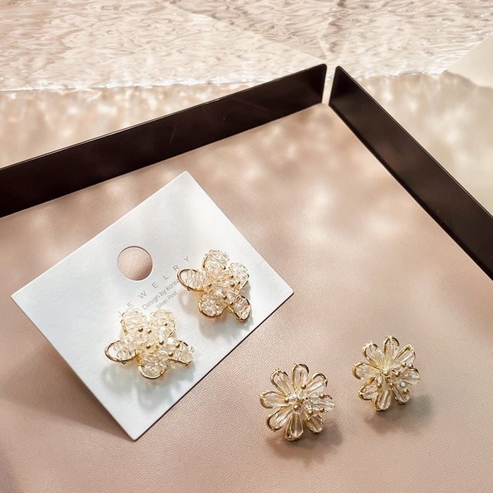 Elegant Vintage Crystal Flower Stud Earrings For Women, Summer Statement Alloy Floral Large Earrings