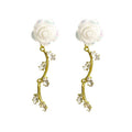 Elegant Vintage White Rose Flower Alloy Vine Tassel Crystal Leaf Long Drop Stud Women Earrings view 5