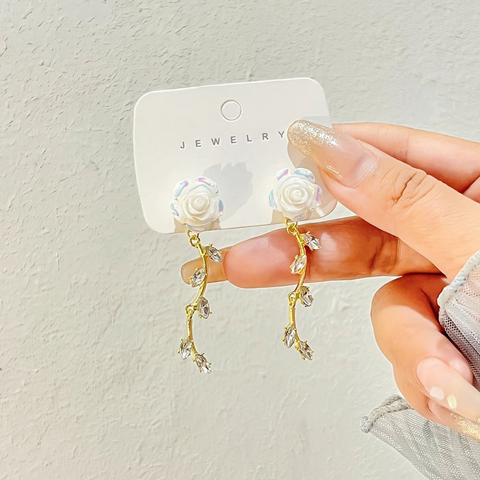 Elegant Vintage White Rose Flower Alloy Vine Tassel Crystal Leaf Long Drop Stud Women Earrings