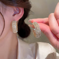 Rhinestone C-Shaped Metal Hoop Earrings For Women Geometric Round Statement European Style view 2