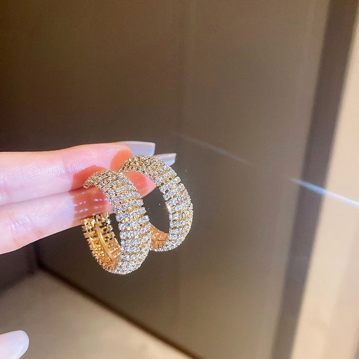 Rhinestone C-Shaped Metal Hoop Earrings For Women Geometric Round Statement European Style