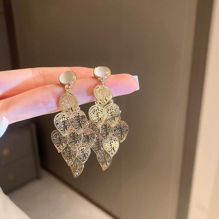 Alloy Cat Eye Stone Hollow Leaf Tassel Drop Earrings, Statement Long Western Style