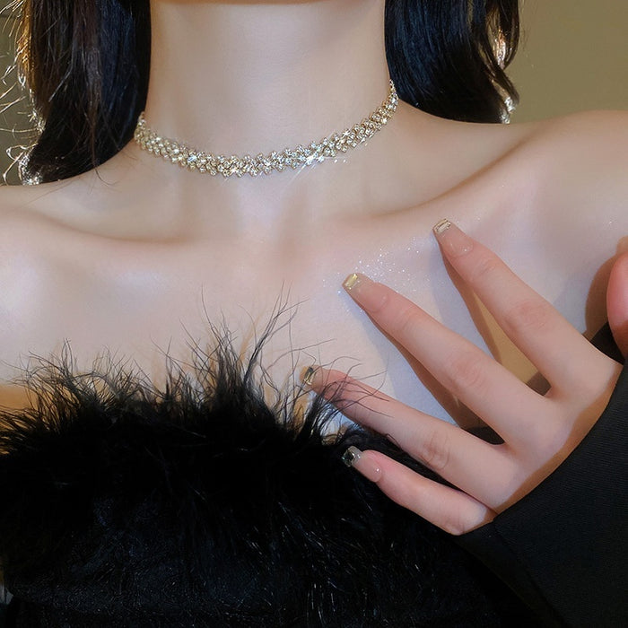 Rhinestone Inlaid Iron Geometric Line Choker Necklace, European Statement Design