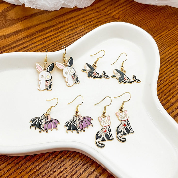 Halloween Cartoon Animal Skeleton Rabbit Bat Cat Shark Alloy Enamel Hook Drop Earrings