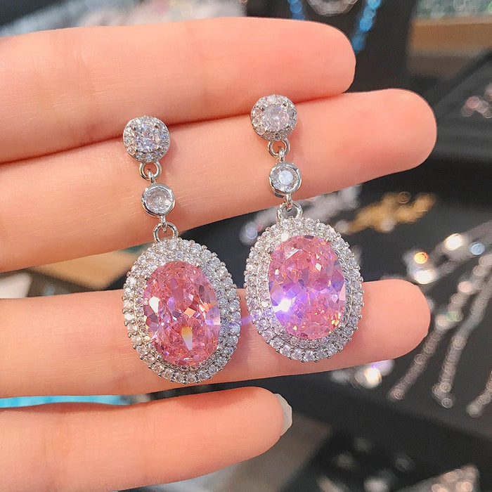 Luxury Color Gemstone Yellow Diamond Drop Earrings With Pink Rhinestone Long Dangle Design For Women