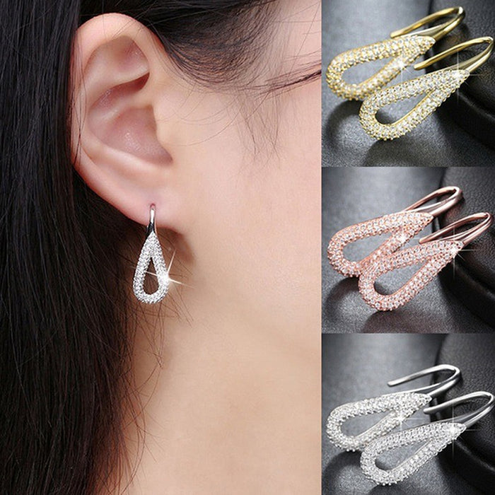 European Korean Hollow Full Zircon Water Drop Earrings, Elegant Women's Dangle Jewelry
