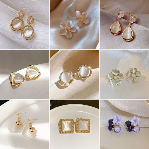 Metal Geometric Round Cat Eye Stone Rhinestone Stud Earrings For Fashion Office Style
