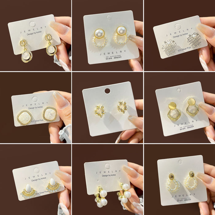 Silver Needle Small Pearl Stud Earrings Geometric Vintage Cat Eye Flower Bow Light Luxury Jewelry