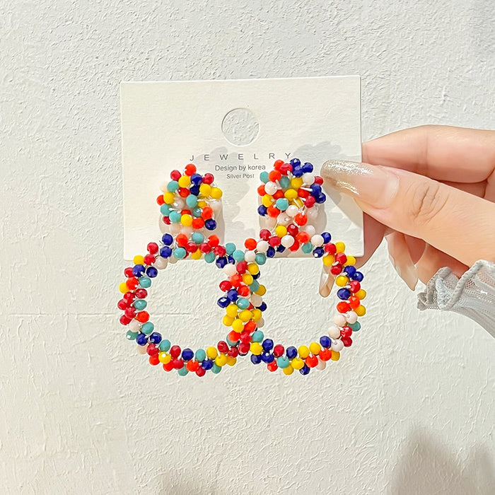 Colorful Faux Pearl Beaded Heart Hoop Drop Studs For Women, Elegant Niche Design Earrings