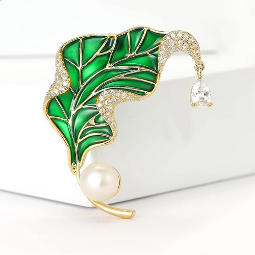 Copper Enamel Zircon Leaf Brooch Pin For Elegant Coat Decor