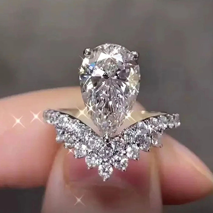 Crown Engagement Ring With Pear Shaped Zircon, Copper Platinum Plated Index Finger Ring
