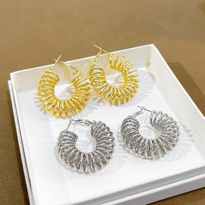 Elegant Alloy Spring Coil Hoop Earrings For Women, Exaggerated Round Textured Gold Silver Fashion Earrings