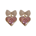 Gold Plated Metal Pearl Bow Heart Zircon Stud Earrings With Silver Posts Sweet Korean Style view 5
