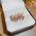 Gold Plated Metal Pearl Bow Heart Zircon Stud Earrings With Silver Posts Sweet Korean Style view 4