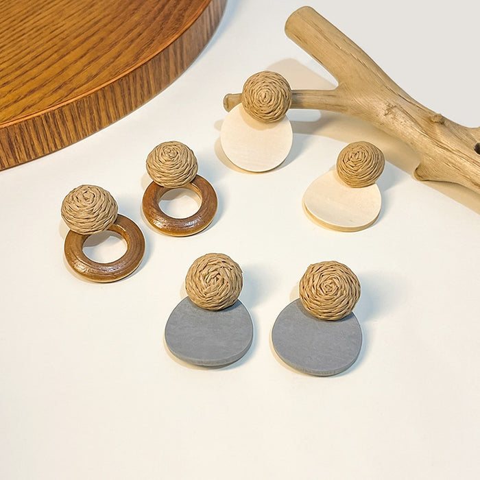 Vintage Bohemian Raffia Woven Ball Wood Hollow Circle Disc Geometric Vacation Stud Earrings