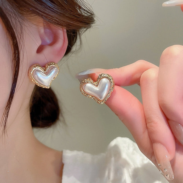 French Simple Heart Pearl Stud Earrings With Silver Pins For Women