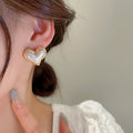 French Simple Heart Pearl Stud Earrings With Silver Pins For Women view 3