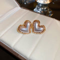 French Simple Heart Pearl Stud Earrings With Silver Pins For Women view 4