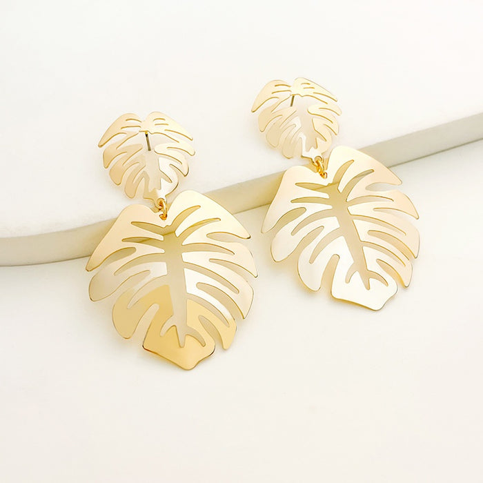 Vintage Gold Alloy Hollow Monstera Leaf Branch Stud Drop Earrings For Women Elegant Summer Statement Earrings