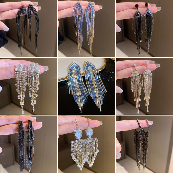 Metal Full Rhinestone Tassel Drop Earrings Fashion OL Statement Dangle Jewelry