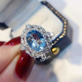 Light Luxury Aquamarine Cubic Zirconia Flower Ring, Popular Engagement Ring For Women view 5