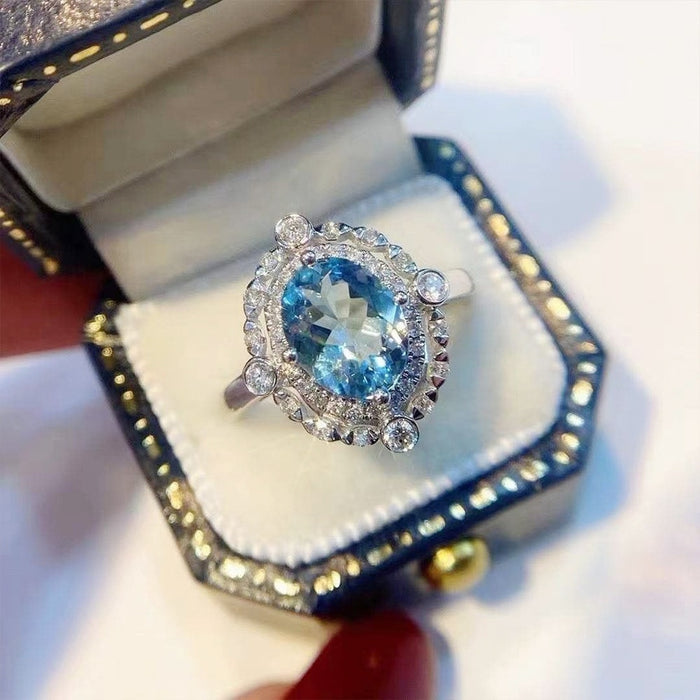 Light Luxury Aquamarine Cubic Zirconia Flower Ring, Popular Engagement Ring For Women