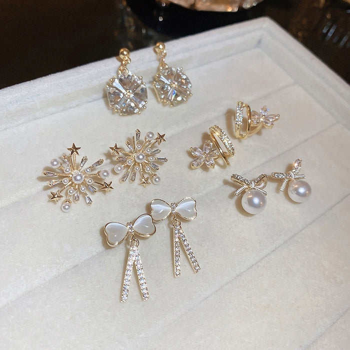 Korean Style Gold Plated Metal Stud Earrings With Zircon Pearl Bow Flower Heart Star Design