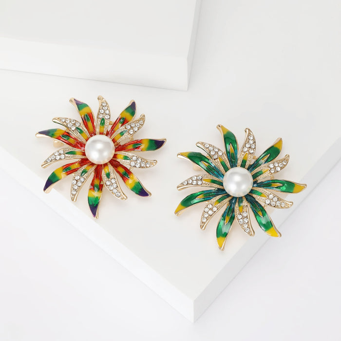 Alloy Enamel Sunflower Brooch With Rhinestones For Blazer Decoration