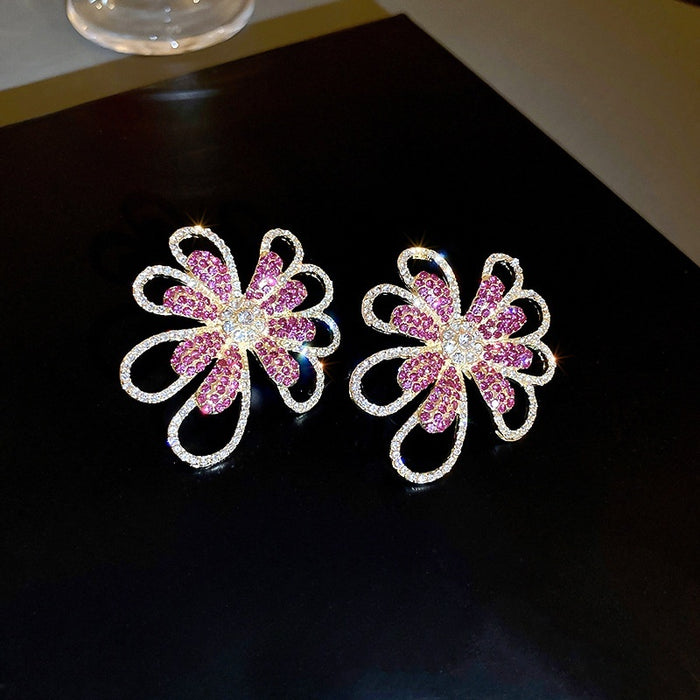 Alloy Rhinestone Flower Stud Earrings European American Statement Light Luxury Jewelry For Women