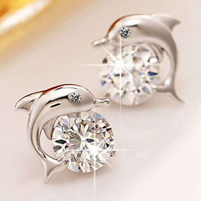 Micro Paved Zircon Dolphin Stud Earrings European Style Fashion Ear Jewelry For Women