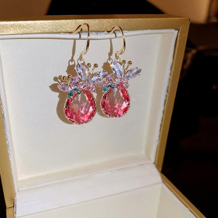 Korean Style Metal Zircon Butterfly Teardrop Drop Earrings For Women Light Luxury Jewelry