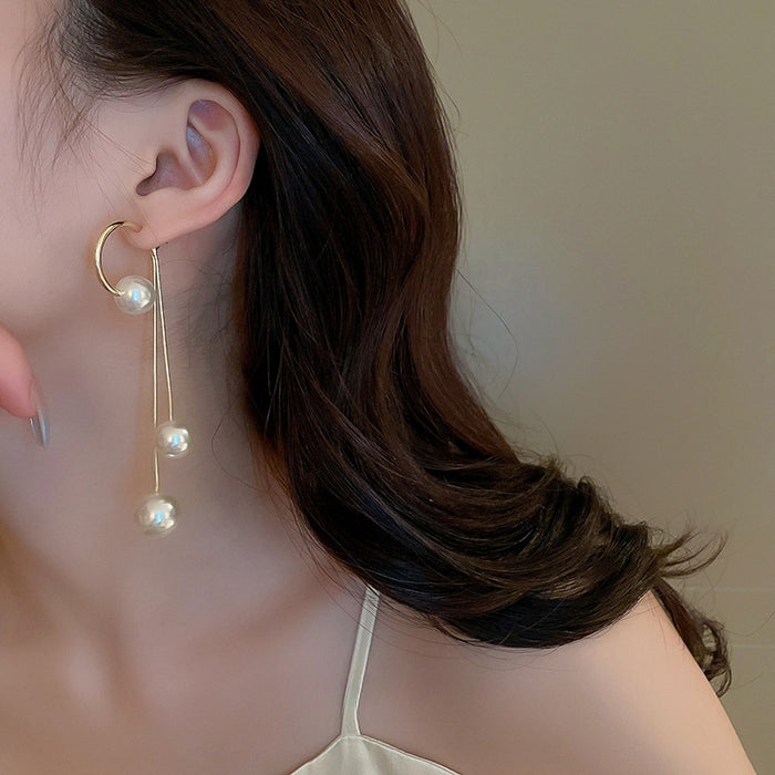 Metal Geometric Hoop Pearl Tassel Drop Earrings With Silver Pins For Fashion OL Style