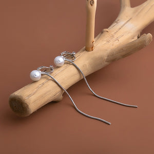 Elegant Korean Style Pearl Chain Tassel Ear Cuff Clip On Two Way Front Back Alloy Earrings
