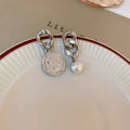 Asymmetric Chain Pearl Portrait Round Disc Metal Drop Earrings Korean Minimalist Geometric Style view 4